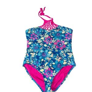 Breaking Waves One Piece Swimsuit 16 Blue Pink Floral Macrame Halter Neck